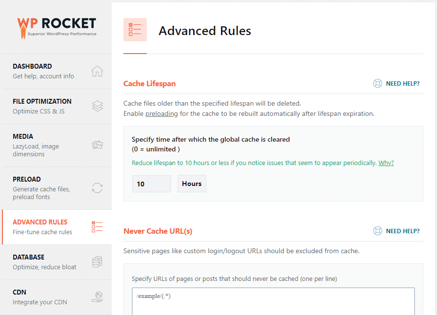 site speed optimization: advanced rules of WP rocket screenshot