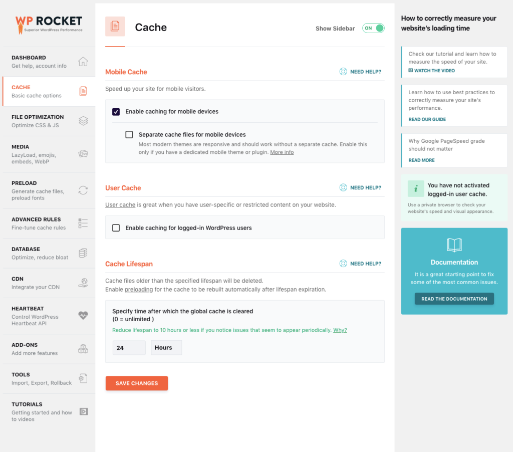 site speed optimization: cache of WP rocket screenshot